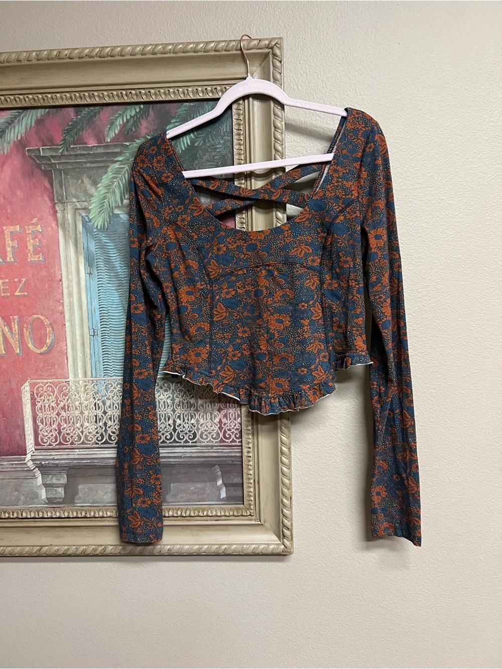 Free People Women's Floral Long-Sleeve Cropped Top - Rust Blue